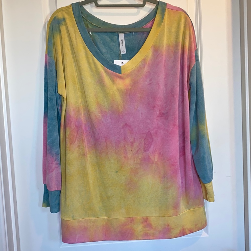 Honeyme NWT Large V-Neck Pink Yellow Deep Mint Tie Dye Lightweight Yummyness